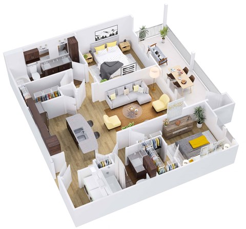 3d floor plan of a house with bedrooms and a living room