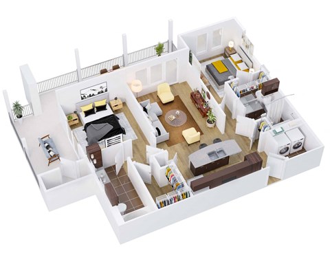 3d floor plan of a house with bedrooms and a living room