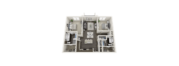 A 3D floor plan of a house with a kitchen, living room, and two bedrooms.