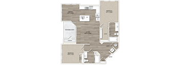 A floor plan of a home with a dining area, two bedrooms, a living room, and a patio.