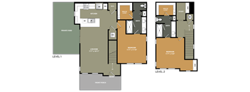 A floor plan of a two-level home with labeled rooms and dimensions.