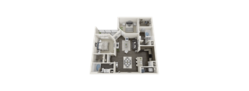 A 3D floor plan of a house layout.