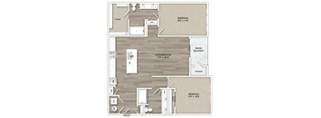A floor plan of a home with two bedrooms, a living area, and a bathroom.