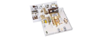 3d floor plan of a house showing the bedrooms and the living room
