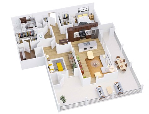 3d floor plan of a house showing the bedrooms and the living room