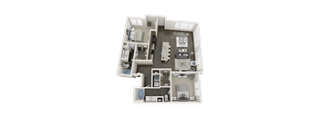 A 3D rendered image of a house layout.