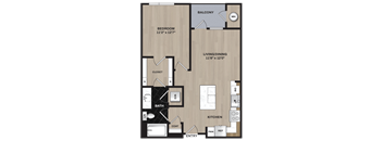 A floor plan of a home with a bedroom, living/dining area, bathroom, kitchen, and closet.
