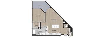 A floor plan of a house with a balcony, bedroom, living/dining area, kitchen, bathroom, and closet.