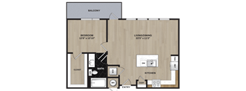 A floor plan of a home showing a bedroom, bathroom, closet, kitchen, and living/dining area.