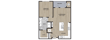A floor plan of an apartment with a bedroom, living/dining area, kitchen, bathroom, and closet.