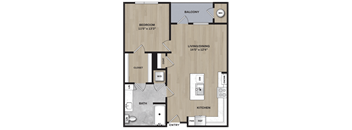A floor plan of an apartment with a bedroom, bathroom, living/dining area, kitchen, and closet.