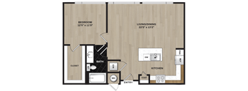 A floor plan of a small apartment with a bedroom, living/dining area, kitchen, bath, and closet.