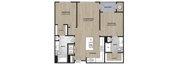 A floor plan of a home with a balcony, two bedrooms, a living/dining area, a kitchen, two bathrooms, and a closet.