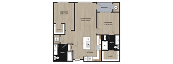 A floor plan of a home with two bedrooms, a living area, a kitchen, a bathroom, and a balcony.
