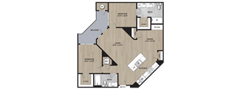 A floor plan of a house with a living room, dining room, kitchen, two bedrooms, a bath, a balcony, and a closet.