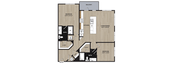 A floor plan of an apartment with two bedrooms, a balcony, a kitchen, a living/dining area, and a bathroom.