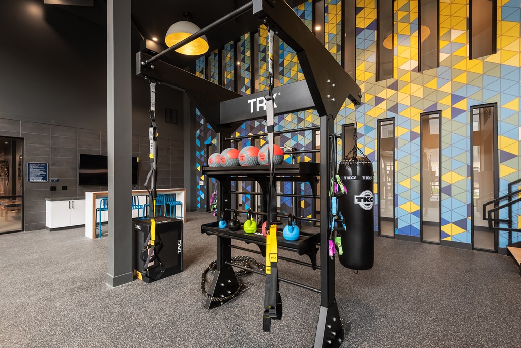 A gym with a TRX suspension trainer hanging from the ceiling.