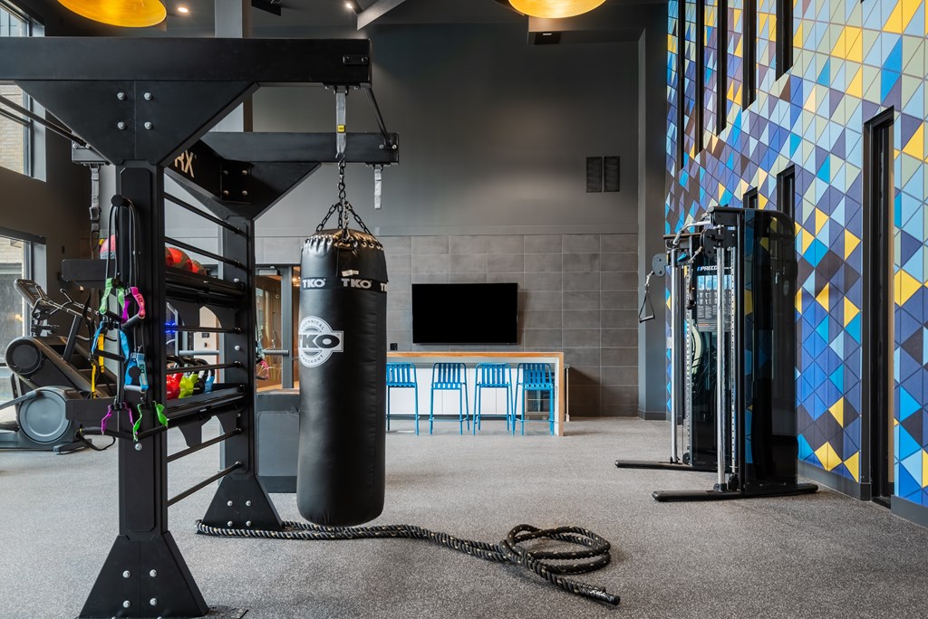A gym room with a punching bag, ropes and a television.