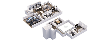 the 3 level floor plan of the house with the garage and a car