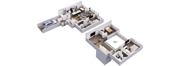 the 3d floor plan of the house shows the bedrooms and the living room