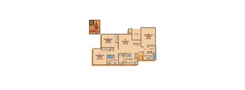 A floor plan of a home with three bedrooms and two bathrooms.