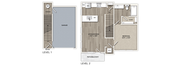 A floor plan of a two-level home with a garage, living room, dining area, kitchen, and bedrooms.