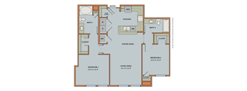 A floor plan of a house with two bedrooms, a living area, a dining area, a kitchen, two bathrooms, and closets.