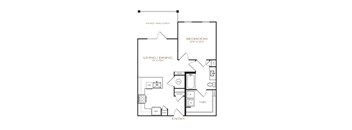 A floor plan of a home with a living room, dining room, bedroom, and closet.