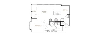 A floor plan of a house with a living room, dining room, bedroom, and bathroom.