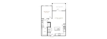 A black and white floor plan of a home with a bedroom, living/dining area, and closet.