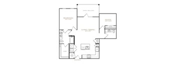 A black and white floor plan of a home with a bedroom, living room, study, and closet.