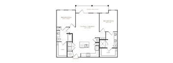 A black and white image of a house floor plan with two bedrooms, a living area, and a closet.