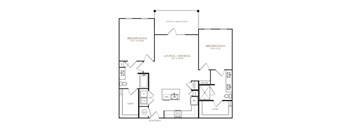 A black and white floor plan of an apartment with two bedrooms, a living area, and a patio.