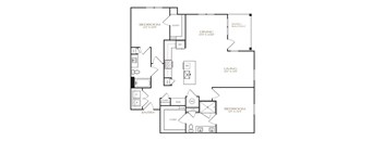 A black and white image of a house floor plan with two bedrooms, a living room, a dining room, a patio, a closet, a desk, a dresser, a pantry, a laundry room,