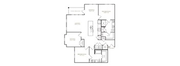 A black and white floor plan of a house with a living room, dining room, two bedrooms, a study, and a patio/balcony.