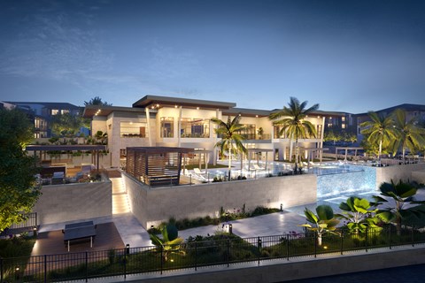a rendering of the resort at night with a pool and palm trees