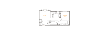 a floor plan of a living room with a bedroom and a kitchen