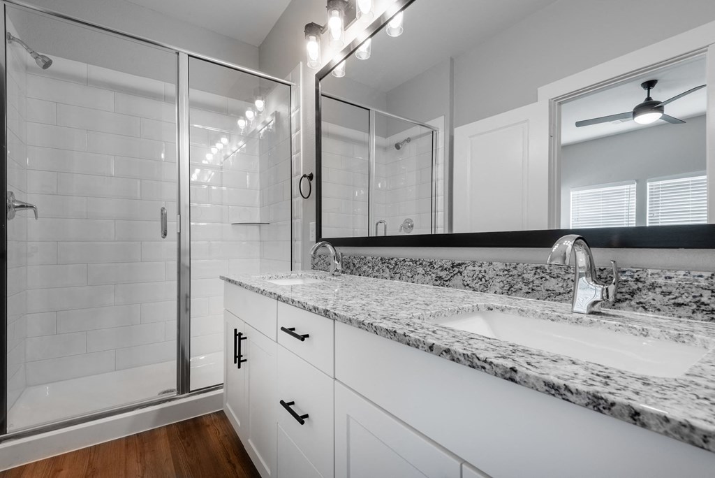 a bathroom with a sink and a shower