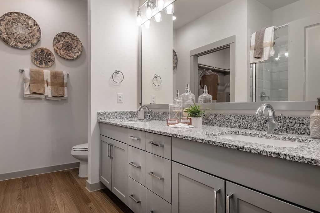 a bathroom with two sinks and a mirror and a toilet