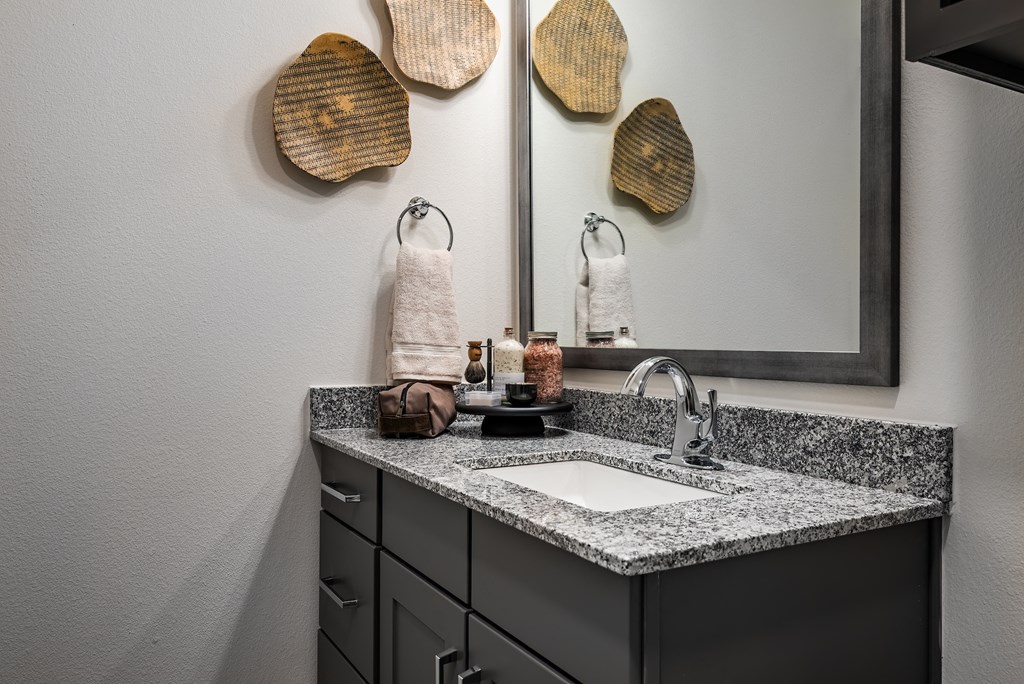 the master bathroom has a granite counter top and a sink with a mirror