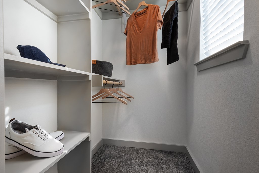 a walk in closet with a pair of shoes on a shelf and a closet organizer