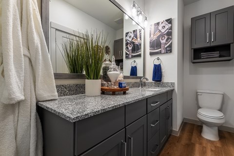 a bathroom with a granite counter top and a toilet