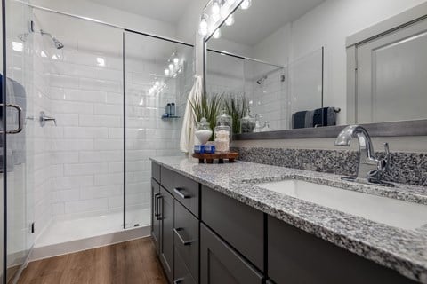 a bathroom with a sink and a shower