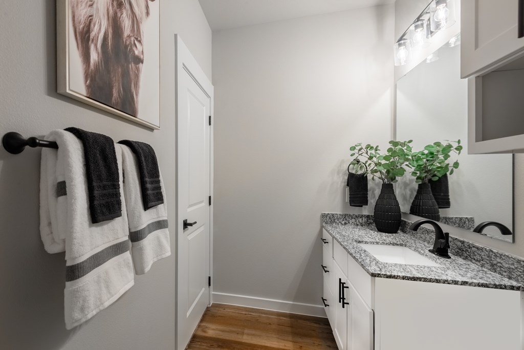 A bathroom with a white counter top and a mirror above it.