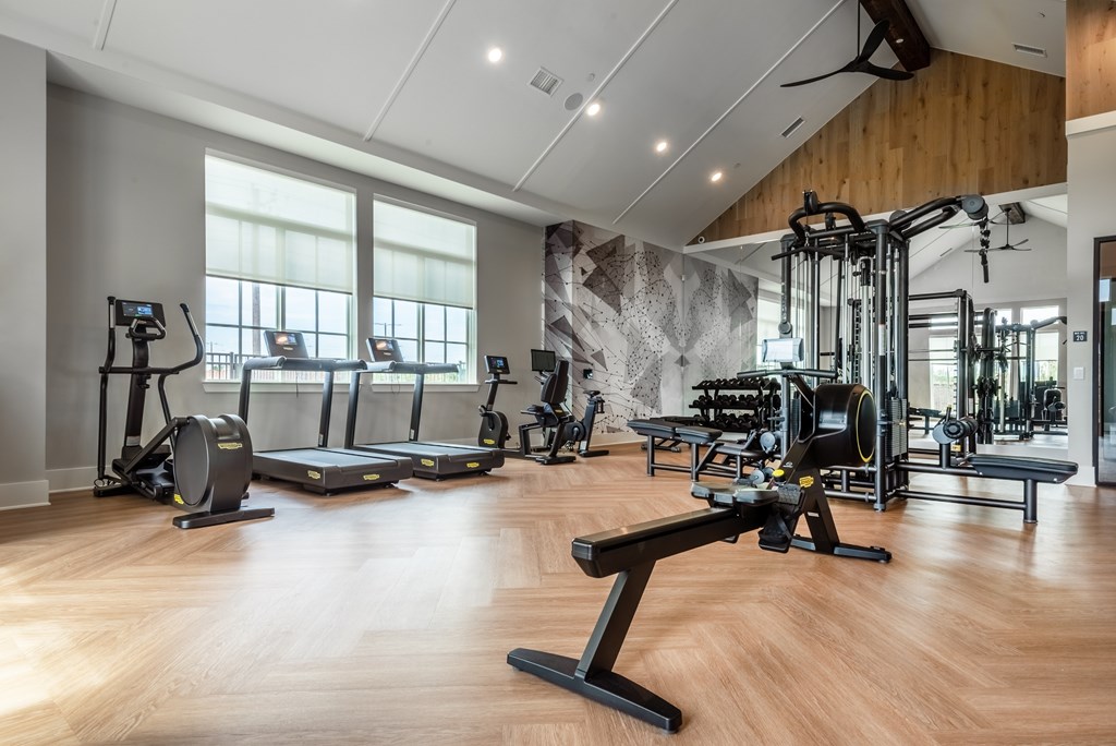 A gym with a variety of equipment including treadmills, weights, and a bench press.