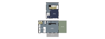 A floor plan of a two-level home with a bedroom, bath, powder room, kitchen, and living/dine area.