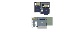 A floor plan of a two-story house with two bedrooms, a living area, a kitchen, a powder room, and a private yard.