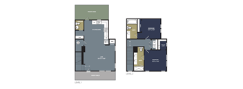 A floor plan of a two-story house with a private yard.