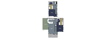 A floor plan of a two-level home with labeled rooms such as a study, bath, and kitchen.