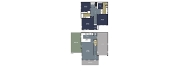 A floor plan of a two-story house with a garage on the first floor and a living area on the second floor.